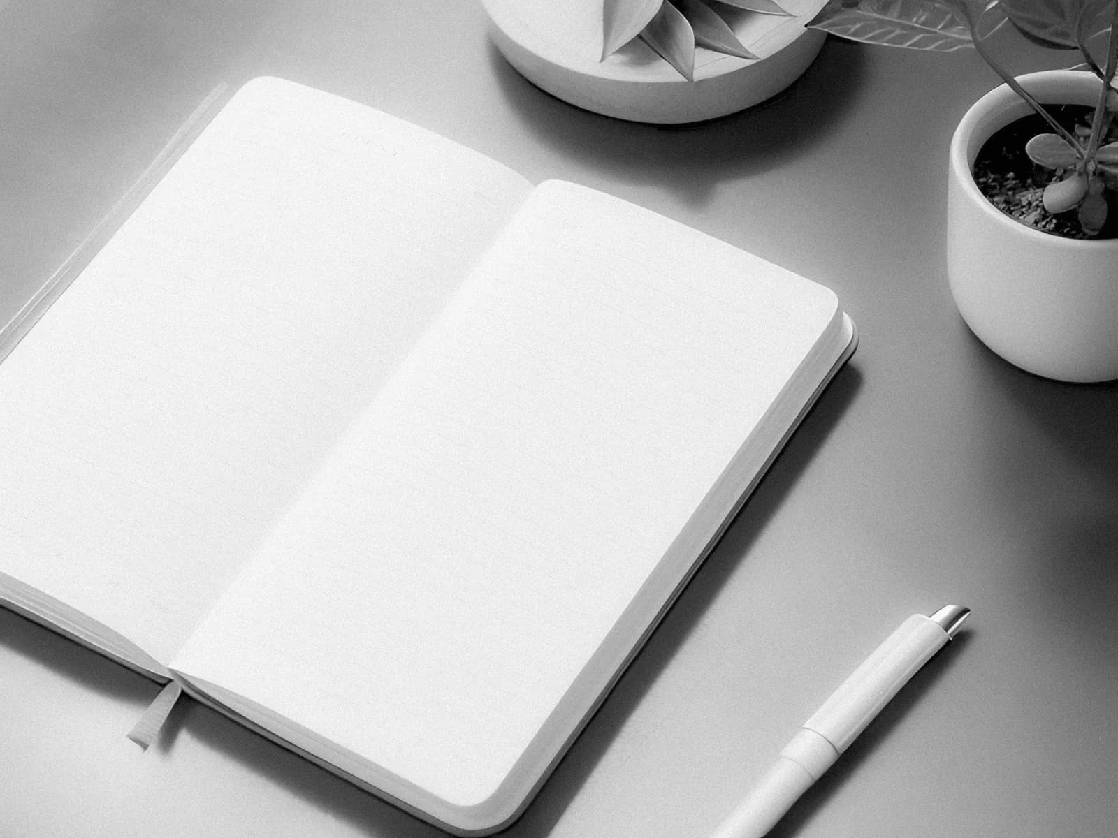 Cuaderno abierto en blanco con un bolígrafo y una planta sobre la mesa